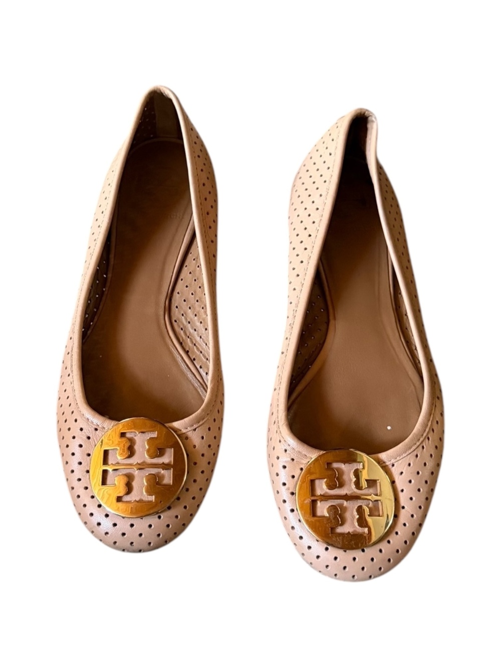 Tory Burch Tan Nude Apricot Metallic Logo Flats